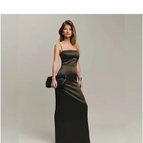 Reformation Frankie Silk Dress in Olive Green - Picture 1 of 4
